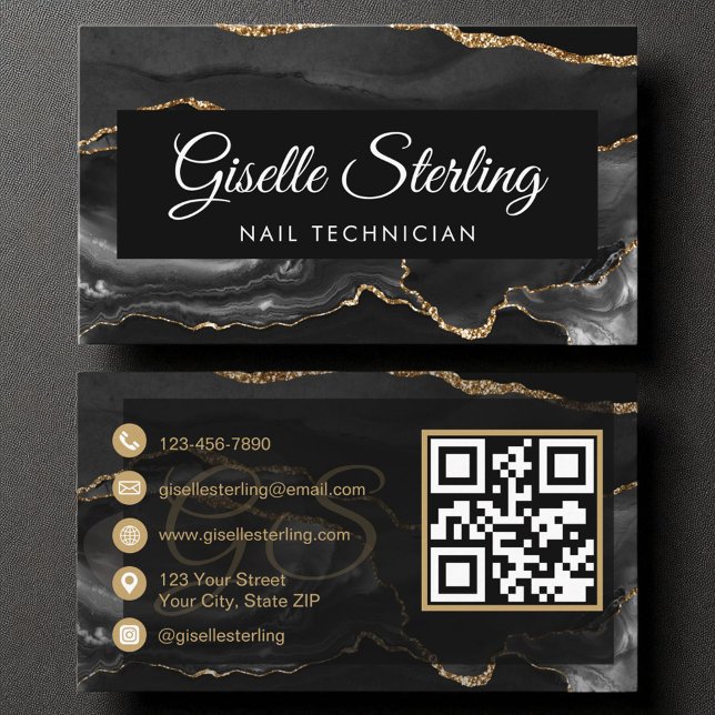 Carte De Visite Technicien Nail QR Code Black Gold Agate Luxe (Créateur téléchargé)