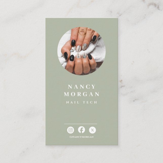 Carte De Visite Technicien ongles Code Qr Photo Vert Sauge  (Devant)