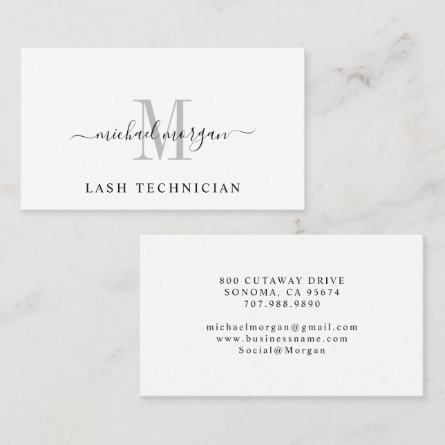 Carte De Visite Technicienne de cils à monogramme à script minimal (Devant / Derrière)