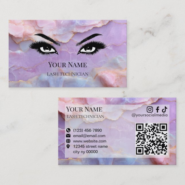 Carte De Visite Technicienne de Cils en Marbre Pastel Luxueux (Devant / Derrière)