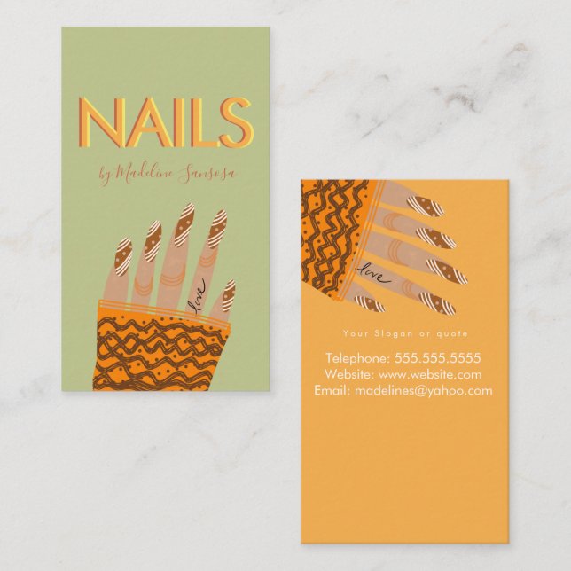 Carte De Visite Technicienne en ongles Orange Triple lettrage Main (Devant / Derrière)