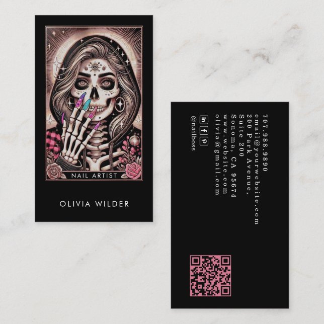 Carte de visite Technicienne Ongles Tarot Rose Noi (Devant / Derrière)