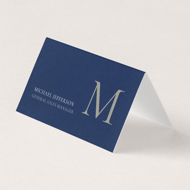 Carte de visite tendance bleu foncé uni monogramme (Devant)