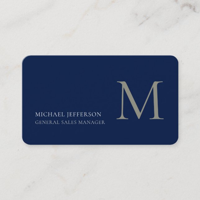 Carte de visite tendance bleu foncé uni Monogramme (Devant)