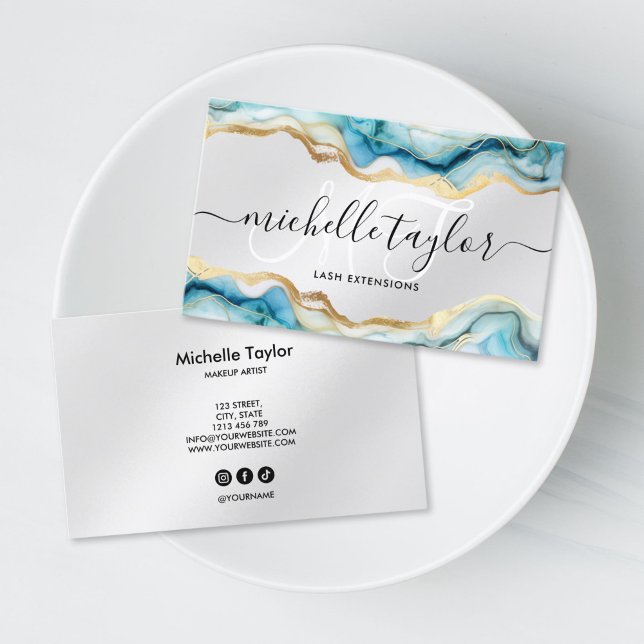 Carte De Visite Tendance Chic Bleu Monogram Maquilleuse Salon de C (trendy chic blue agate monogram calligraphy business card)