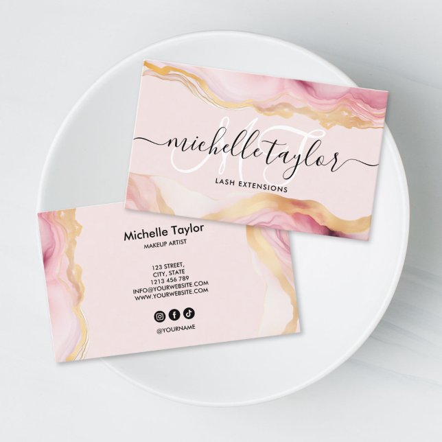 Carte De Visite Tendance Chic Rose Foncé Monogramme Maquilleuse Co (blush pink agate gold monogram business card for makeup, hair dresser and beauty salon)