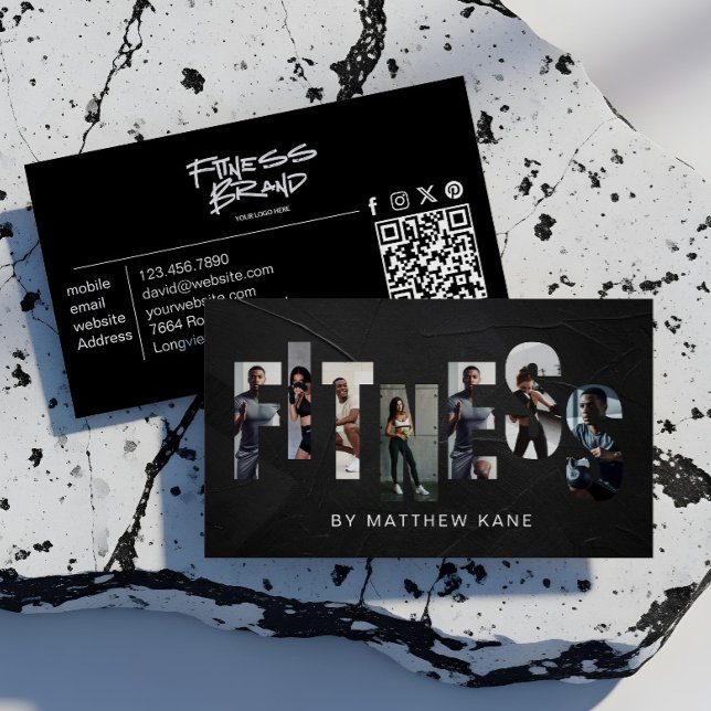 Carte de visite tendance et audacieuse pour entraî (Trendy Edgy Personal Trainer Fitness Photo Letter Business Card)