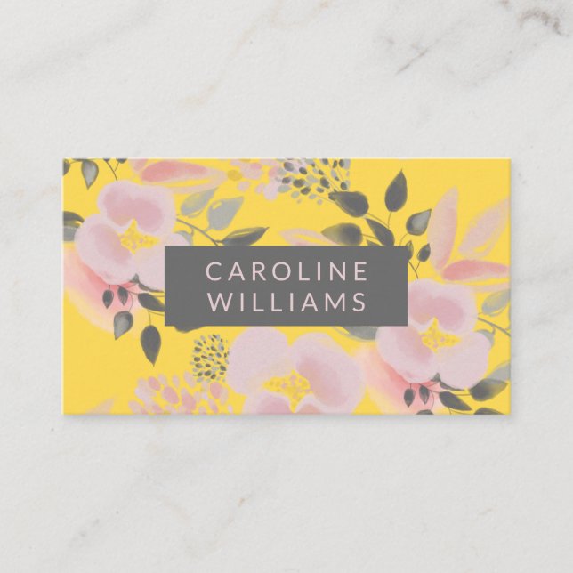 Carte De Visite Tendance florale rose et gris jaune (Devant)