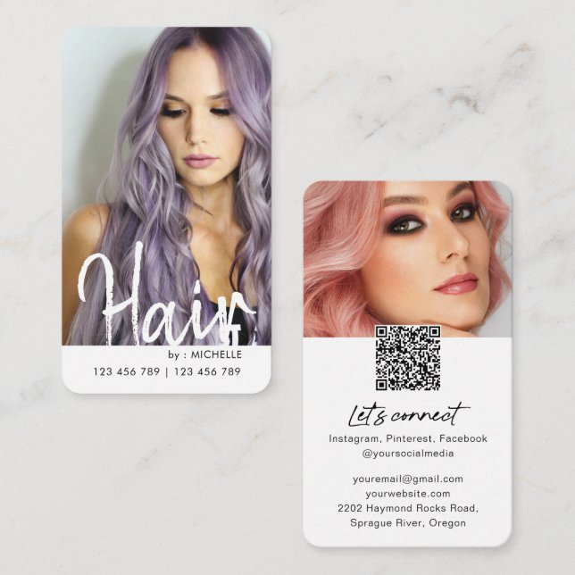 Carte De Visite Tendance moderne chic cheveux élégant code QR élég (Devant / Derrière)