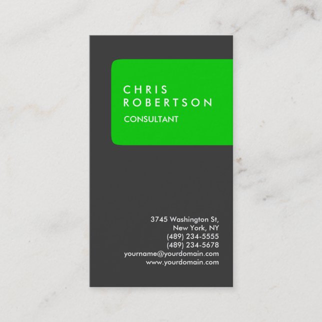 Carte de visite tendance verticale gris-vert rayée (Devant)