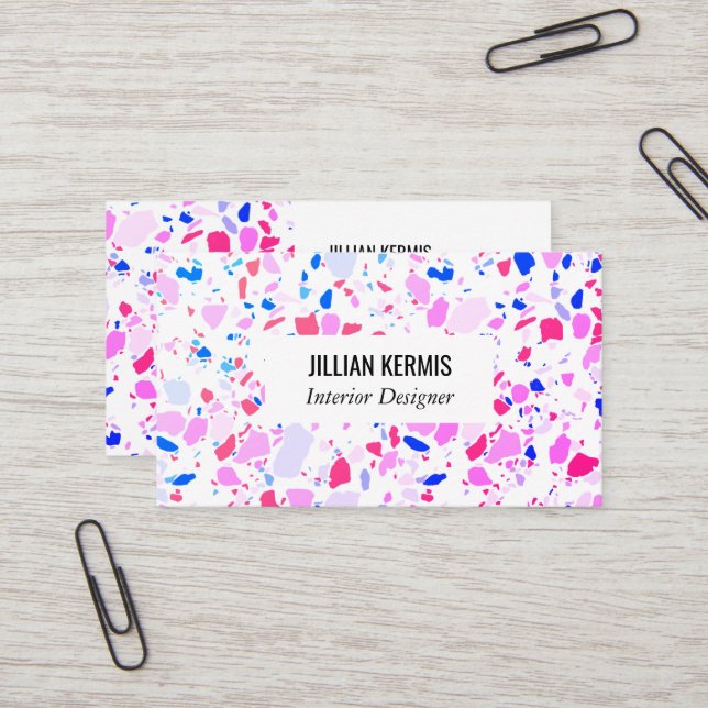 Carte de visite terrazzo chic en bleu rose violet (Devant/Arrière en situation)