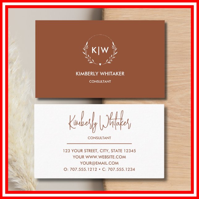 Carte De Visite Terre cuite et Blanc | Monogramme Initiales Modern (Terracotta and White | Modern Initials Monogram Business Card)