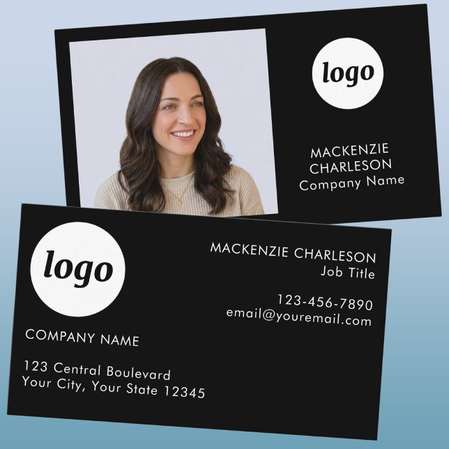Carte De Visite Texte de logo de photo simple noir (Simple logo, custom text and photo business card )