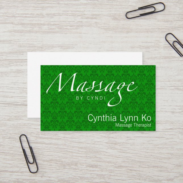 Carte De Visite Texte de massage sur la damassé verte (Devant/Arrière en situation)