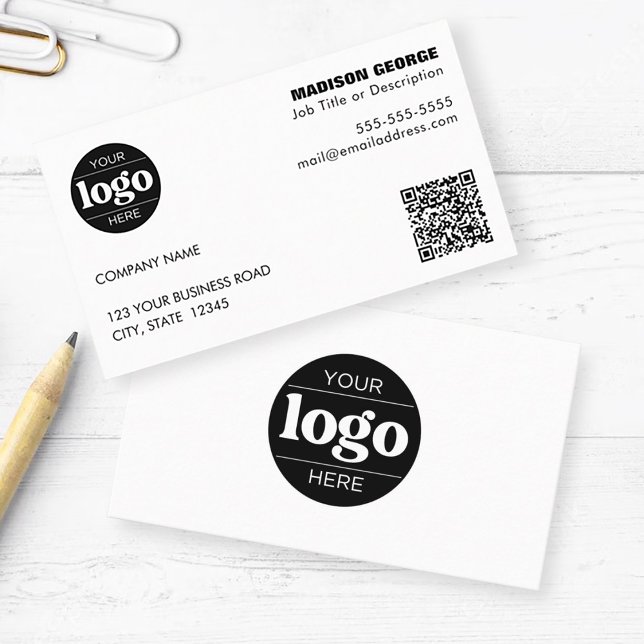 Carte De Visite Texte du logo simple et code QR blanc (Créateur téléchargé)