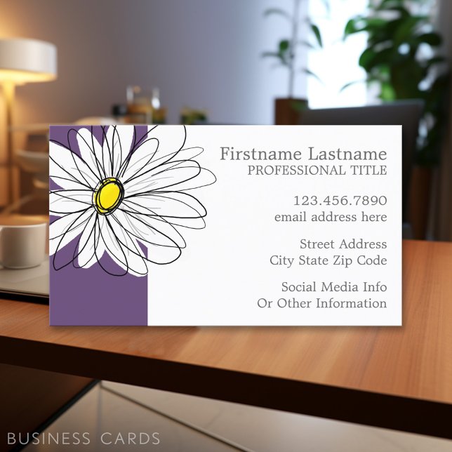 Carte De Visite Texte personnalisé marguerite mauve et jaune (Personalized Printed Business Cards)