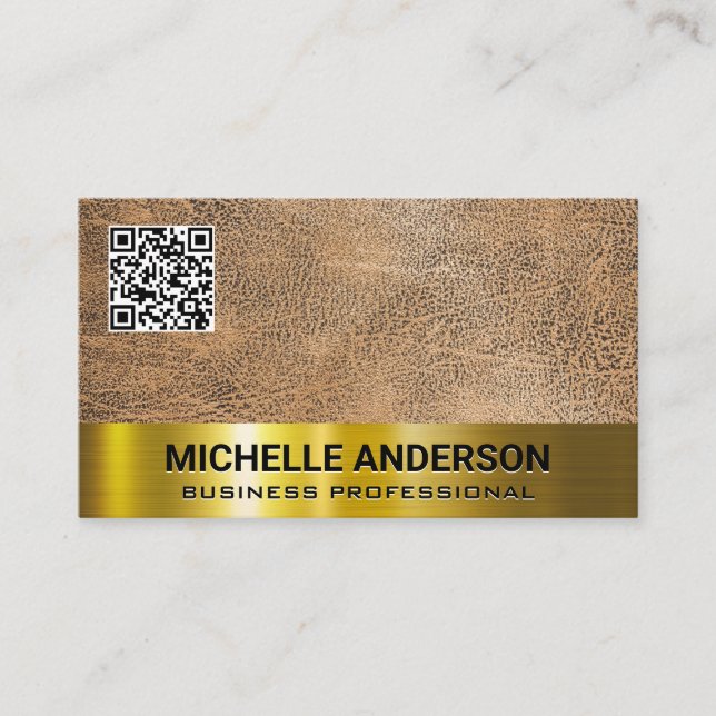 Carte De Visite Texture Brown | Gold Metallic Trim QR Code (Devant)