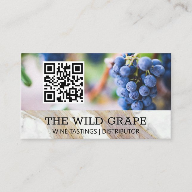 Carte De Visite Texture Marbre blanc | Raisins de vin | Code QR (Devant)