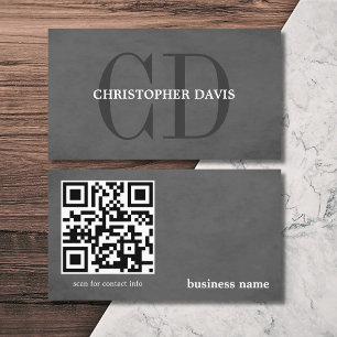 Carte De Visite Texture moderne élégante Gris Monogramme QR code