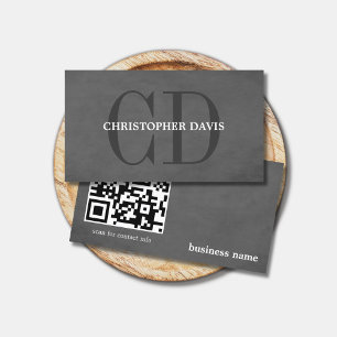 Carte De Visite Texture moderne élégante Gris Monogramme QR code