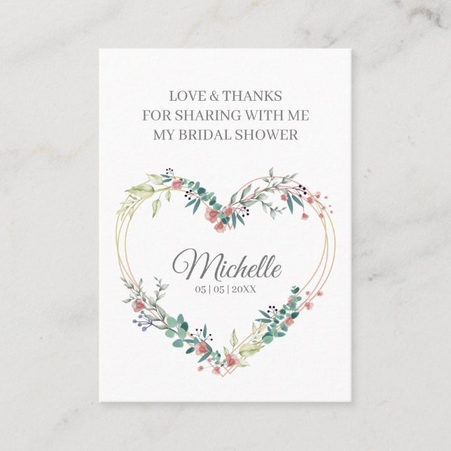Carte De Visite Thank Pink Floral Heart for Bridal Shower Name (Devant)
