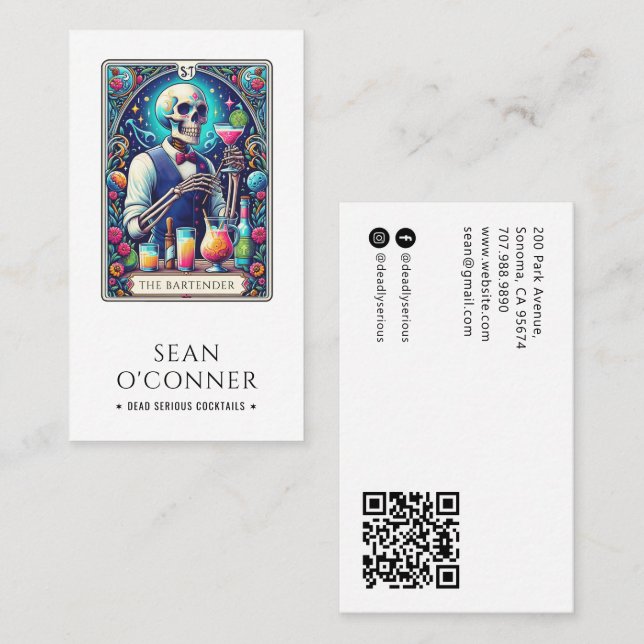 Carte De Visite The Bartender Tarot Skeleton QR (Devant / Derrière)