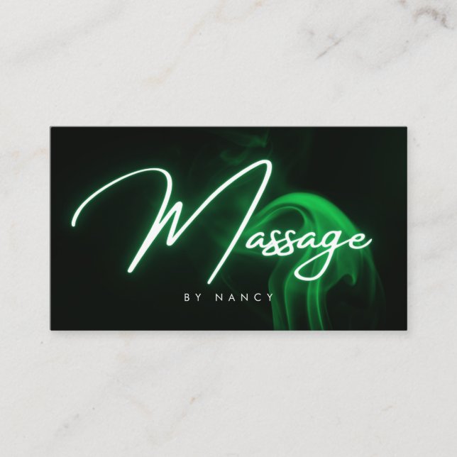 Carte De Visite Thérapeute de massage au néon vert Script manuscri (Devant)