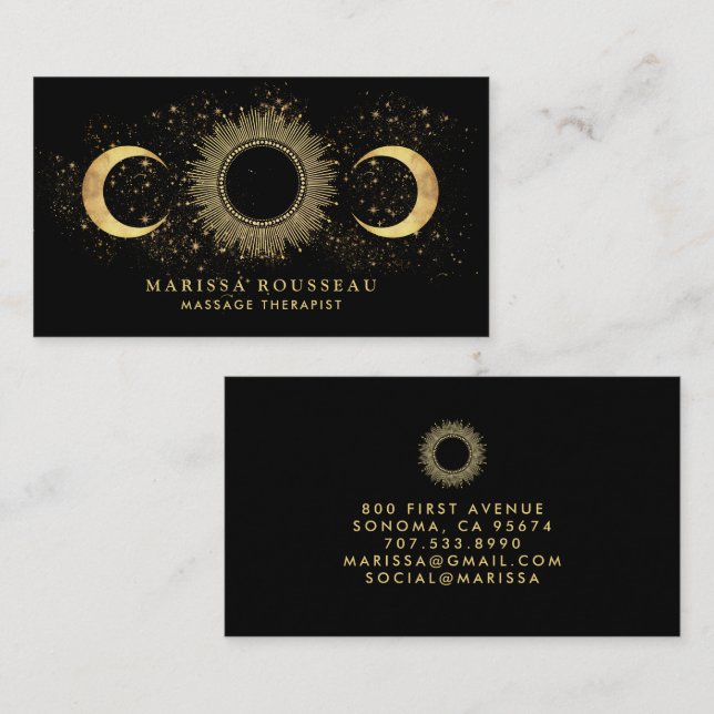 Carte De Visite Thérapeute de Massage Céleste Or Noir (Devant / Derrière)