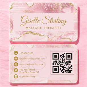 Carte De Visite Thérapeute de Massage Code QR Agate Or Rose
