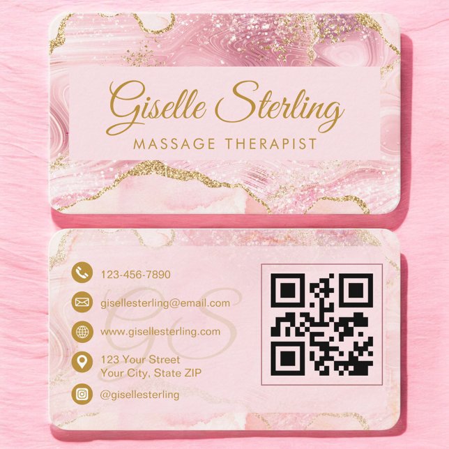 Carte De Visite Thérapeute de Massage Code QR Agate Or Rose (Créateur téléchargé)