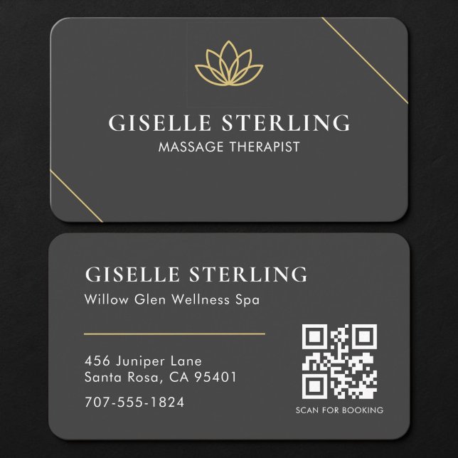 Carte De Visite Thérapeute de Massage Code QR Black Gold (Créateur téléchargé)