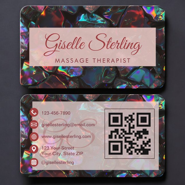 Carte De Visite Thérapeute de Massage Code QR Black Opal (Créateur téléchargé)