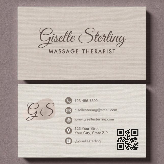 Carte De Visite Thérapeute de Massage Code QR Élégant Lin Beige (Créateur téléchargé)