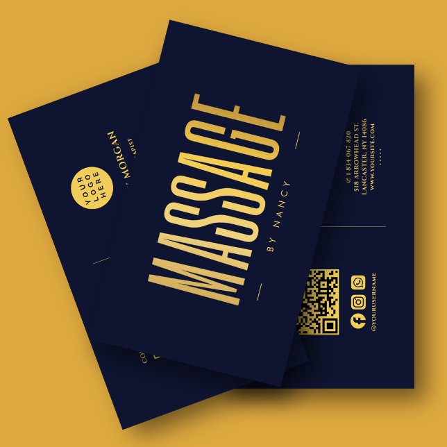 Carte De Visite Thérapeute de Massage Code QR et Logo Navy & Or (Créateur téléchargé)