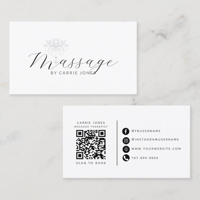 Carte De Visite Thérapeute de Massage Code QR Fleur de Lotus (Devant / Derrière)
