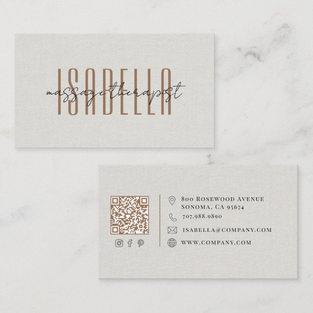 Carte De Visite Thérapeute de Massage Écriture Lin Faux Script (Devant / Derrière)