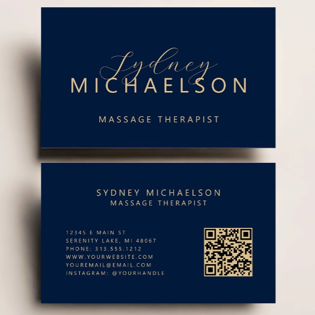Carte De Visite Thérapeute de Massage Élégant Code QR Bleu Nuit Or (Créateur téléchargé)