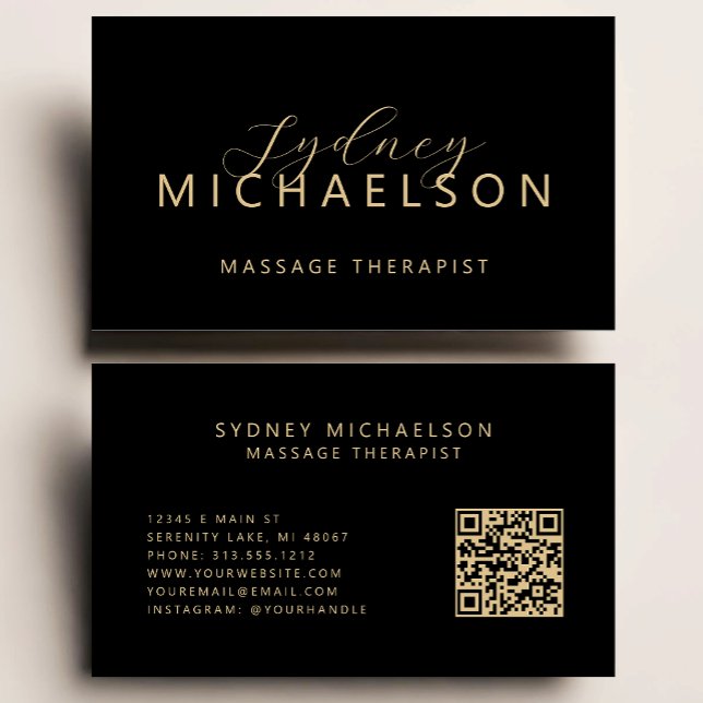Carte De Visite Thérapeute de Massage Élégant Code QR Noir Or (Créateur téléchargé)