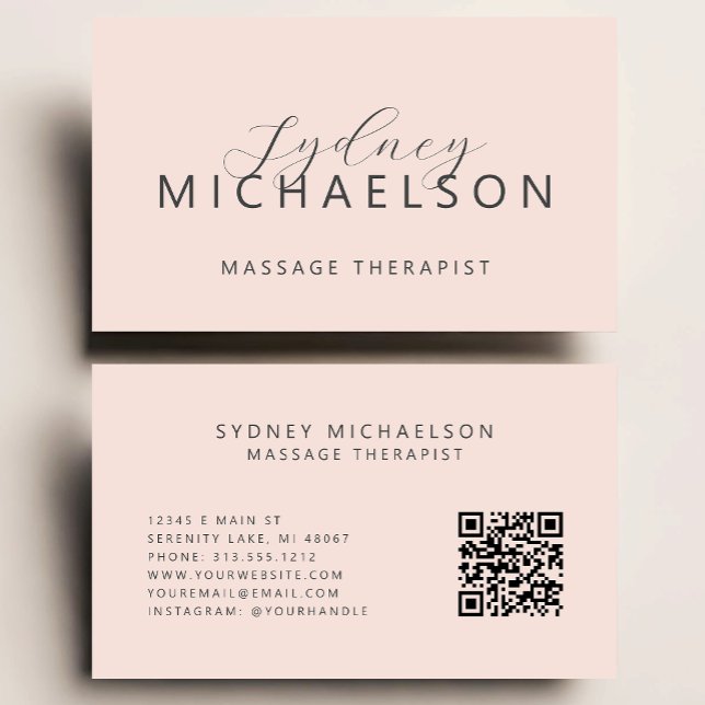 Carte De Visite Thérapeute de Massage Élégant Code QR Rose Pâle (Créateur téléchargé)