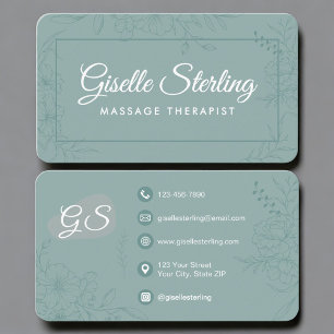 Carte De Visite Thérapeute de Massage Fleurs Vertes Turquoise
