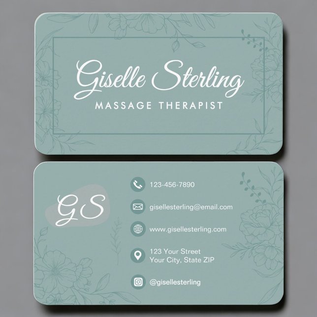 Carte De Visite Thérapeute de Massage Fleurs Vertes Turquoise  (Créateur téléchargé)