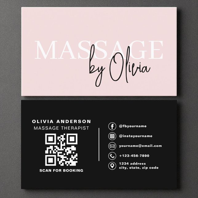 Carte De Visite Thérapeute de Massage moderne QR Code rose pâle (Créateur téléchargé)