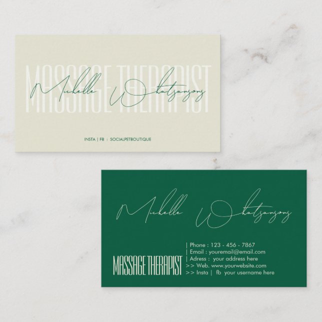 Carte De Visite Thérapeute de massage monogramme écriture moderne (Devant / Derrière)