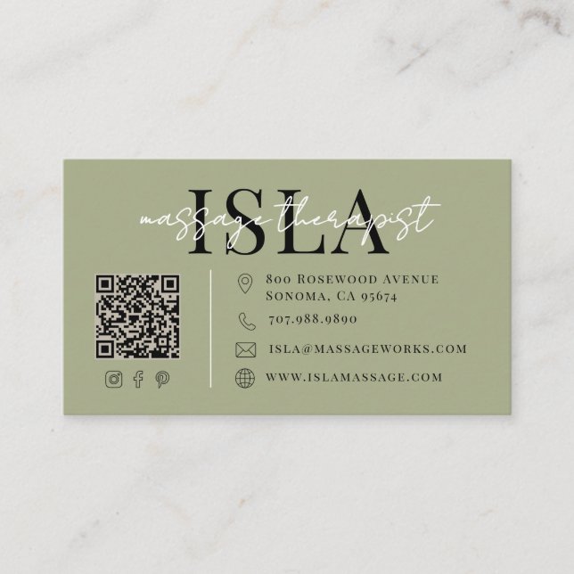 Carte De Visite Thérapeute de Massage Vert Sauge (Devant)