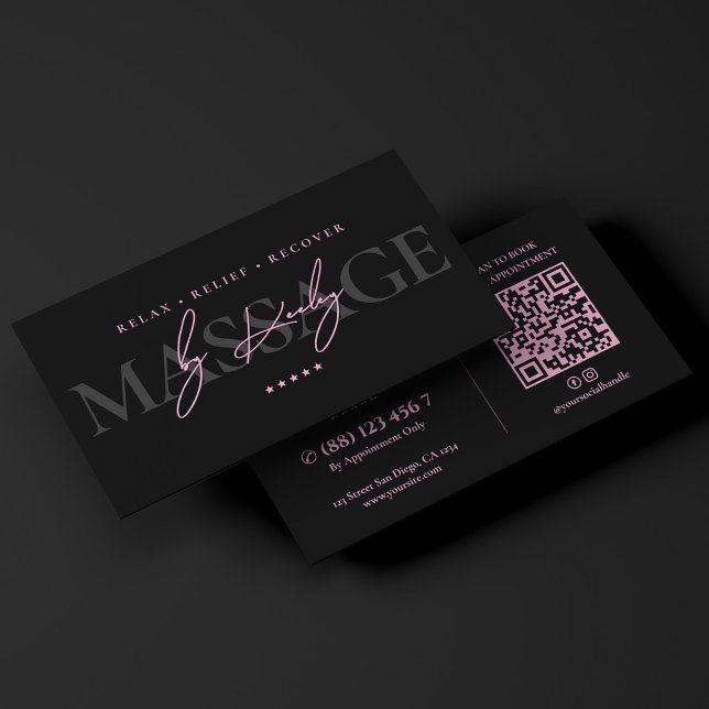 Carte De Visite Thérapeute Massage Minimal Noir Rose (Minimal Massage Black Pink Therapist Business Card
)