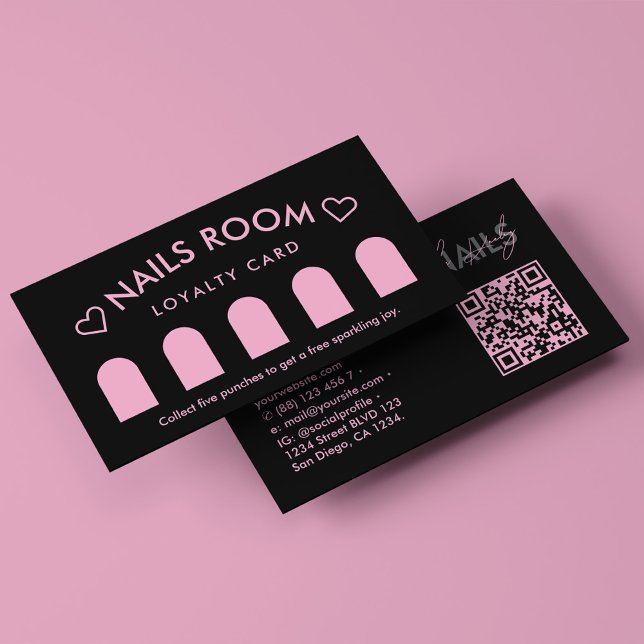 Carte De Visite Thérapeute Spa à ongles noir rose fidélité (Nail Spa Therapist Black Pink Loyalty Business Card
)