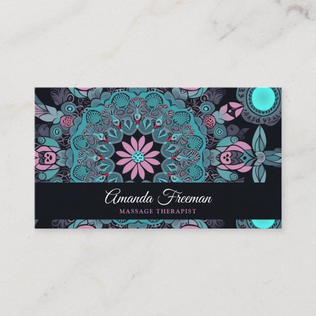 Carte De Visite Thérapie de massage en mandala noir et rose (Devant)