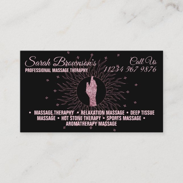 Carte De Visite Thérapie de Massage Script Pailleté Mains Guérisse (Devant)