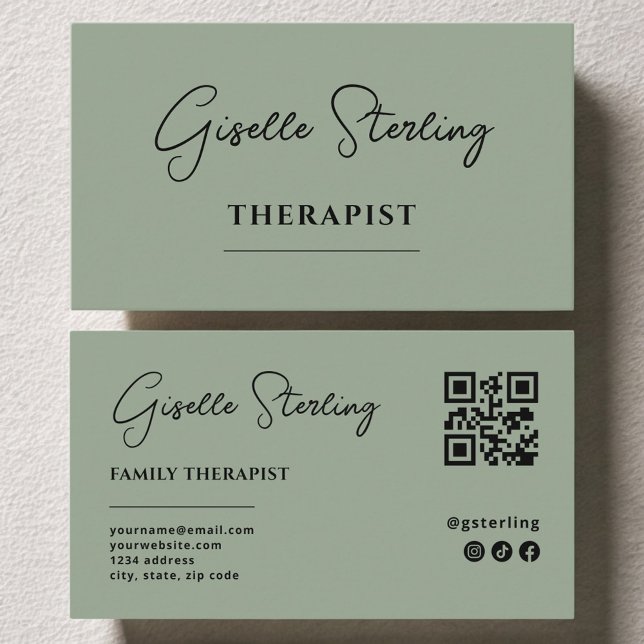 Carte De Visite Therapist Psychologist Sage Green QR Code (Créateur téléchargé)