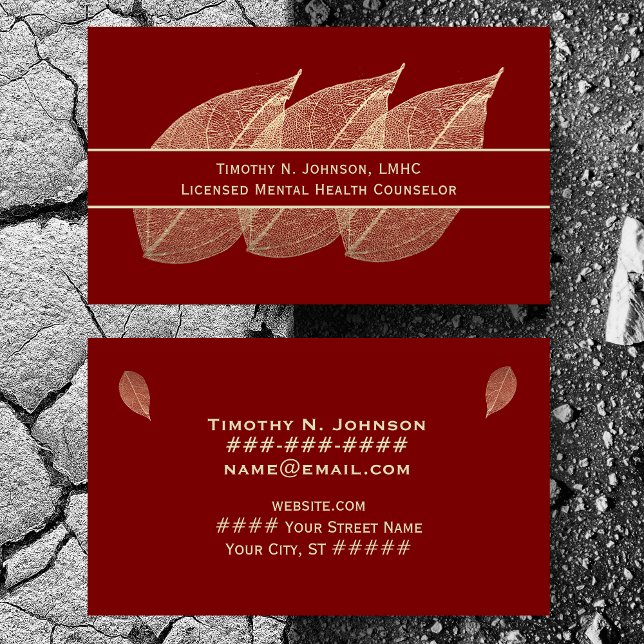 Carte De Visite Three Golden Leaves on Maroon Counselor Therapist (Créateur téléchargé)